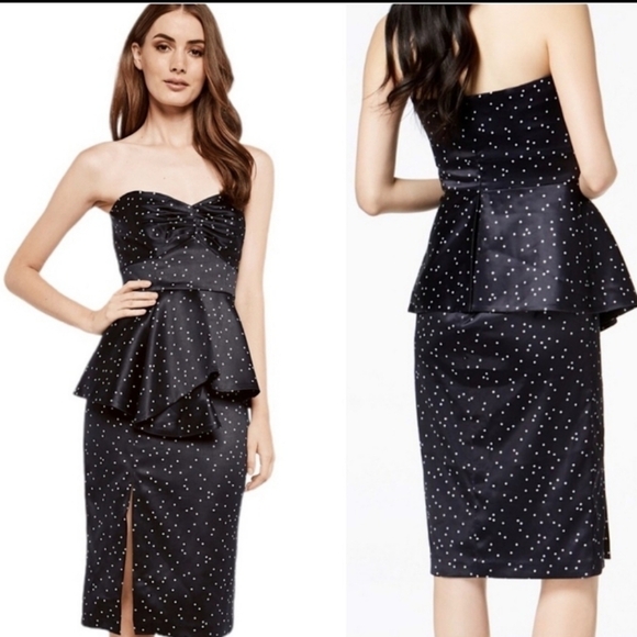 Bardot Polka Dot Printed Midnight Blue Peplum Dress Cocktail Dress - Picture 1 of 16